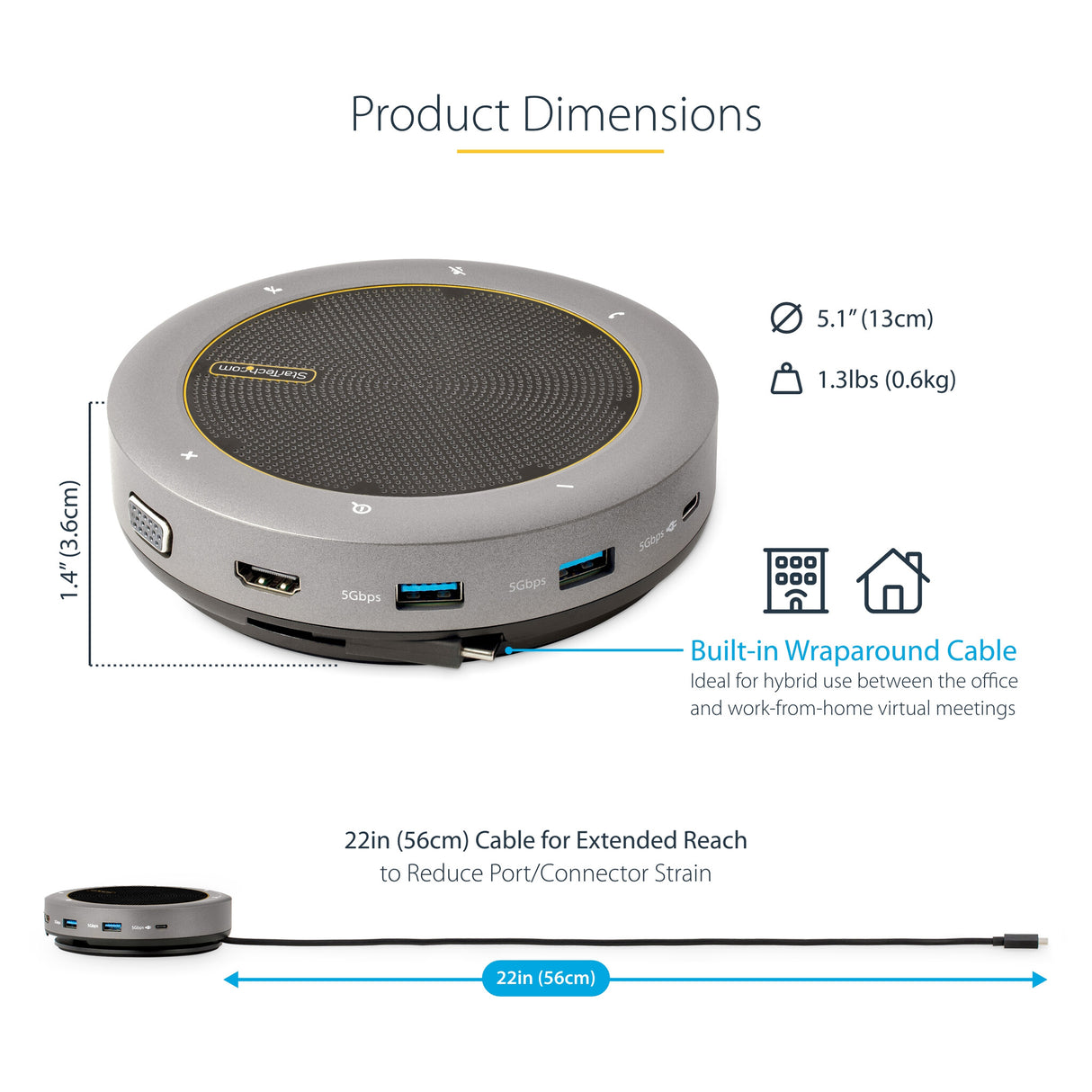 StarTech.com USB-C Speakerphone Docking Station, Mini Portable Conference Speaker and Audio Dock, USB-C to VGA/4K HDMI, 2x USB-A Hub, Mic/Speaker, Teams/Zoom/Softphone Speakerphone