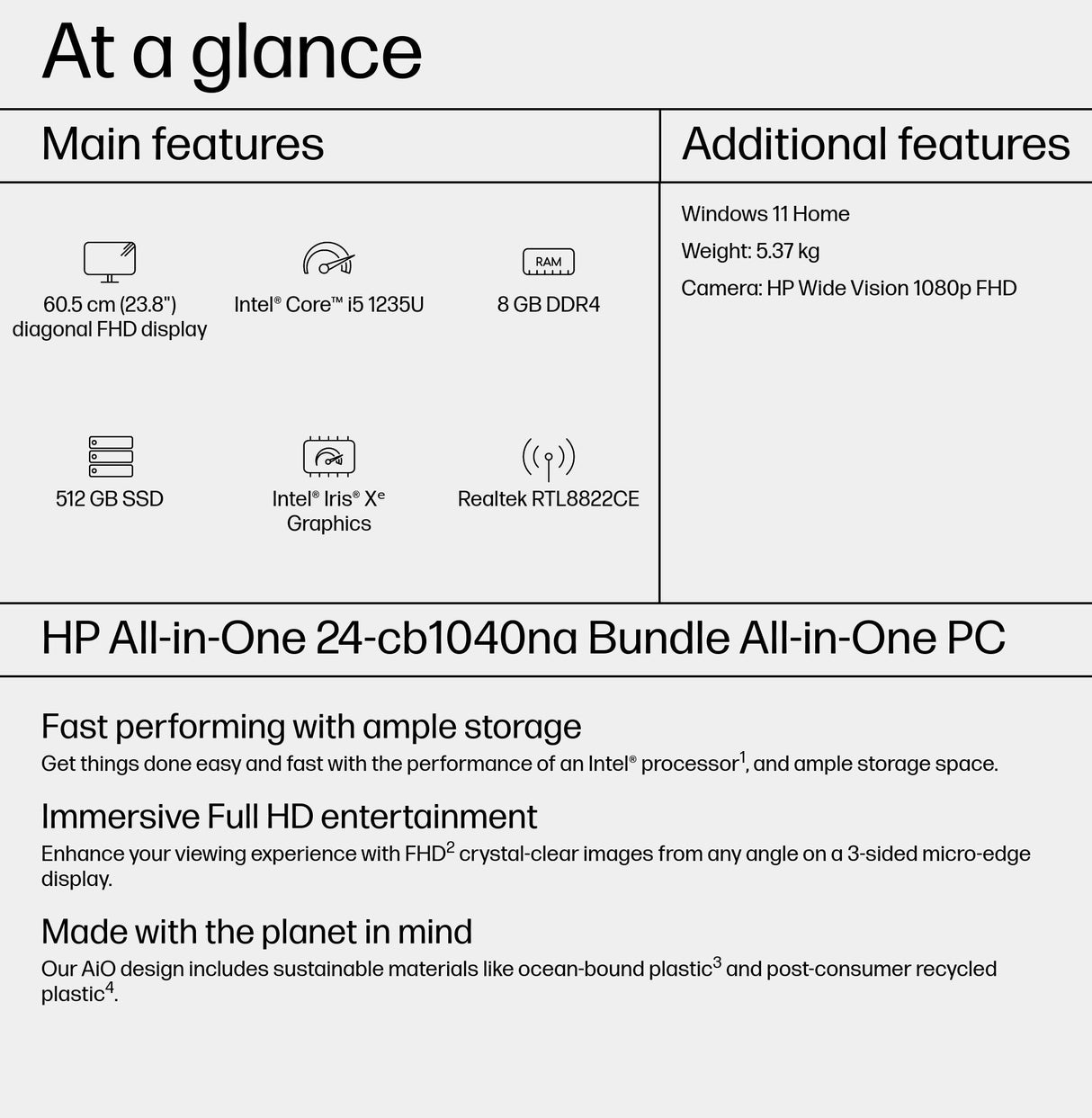 HP 24-cb1040na Intel® Core™ i5 i5-1235U 60.5 cm (23.8") 1920 x 1080 pixels All-in-One PC 8 GB DDR4-SDRAM 512 GB SSD NVIDIA GeForce MX450 Windows 11 Home Wi-Fi 5 (802.11ac) White