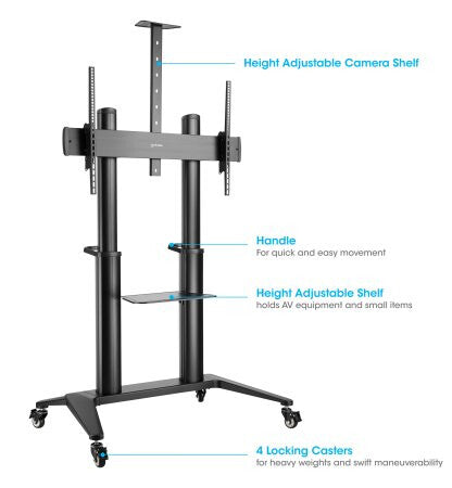 Manhattan Trolley Mount Stand for TV & Monitors, For screens: 70" to 120", VESA compatibility: all between 200x200 to 1000x600mm - check the dimensions of the four mounting holes on back of screen to ensure it fits, Max 140kg, Height adjustable 1250 to 16