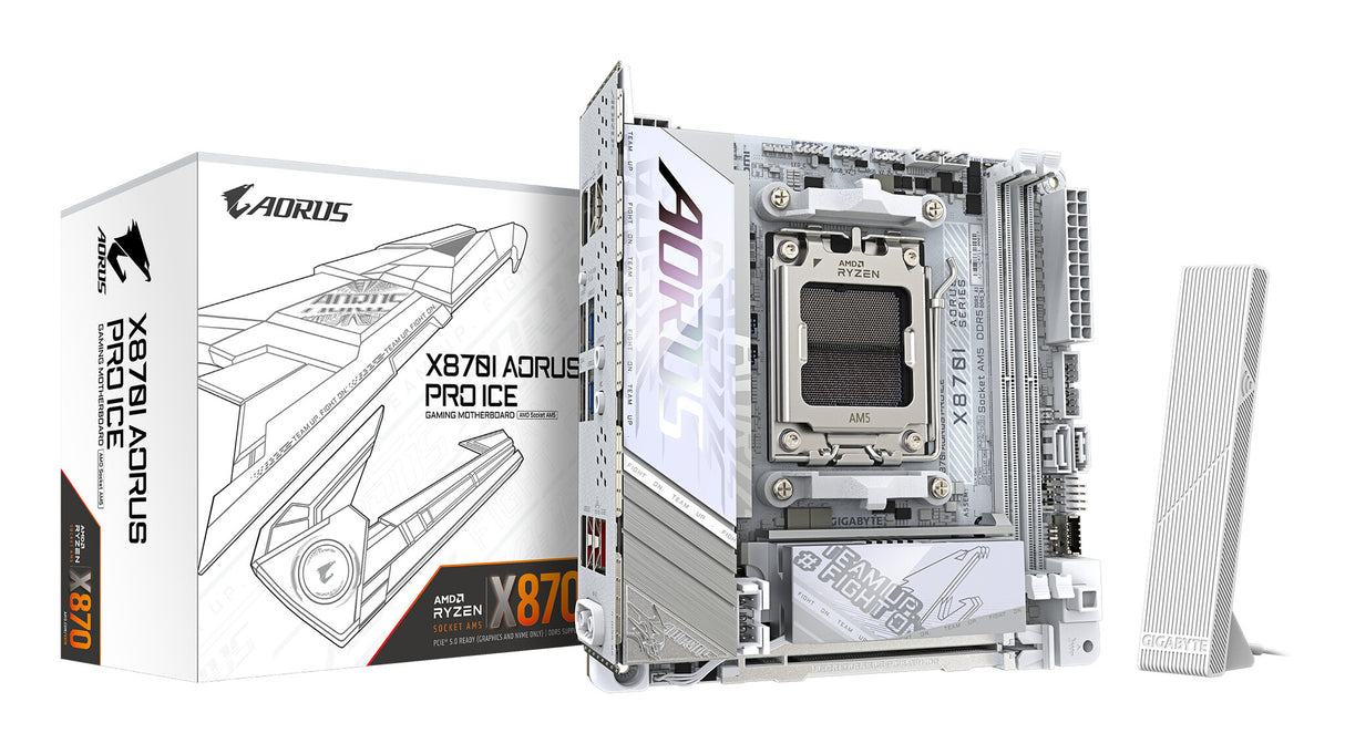 GIGABYTE X870I AORUS PRO ICE Motherboard - Supports AMD Ryzen 9000 Series CPUs, 8+2+1 phases VRM, up to 8400MHz DDR5 (OC), 1xPCIe 5.0 M.2 + 1xPCIe 4.0 M.2, WI-FI 7, 2,5GbE LAN, USB 4