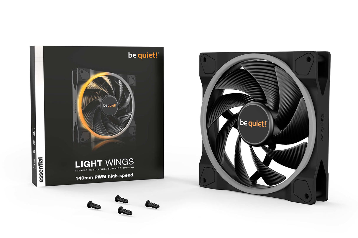 Soyez silencieux! Light Wings PWM Ventilateur RVB adressable haute vitesse, 140 mm, 2200 tr/min, ventilateur PWM 4 broches et connecteurs ARGB 3 broches, cadre noir, pales noires, éclairage ARGB à l'avant et à l'arrière