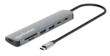 Manhattan USB-C Dock/Hub with Card Reader, Ports (x5): HDMI, USB-A (x2) and USB-C (x2), with Power Delivery (PD) 100W- requires external USB-C charger (not included). USB powered (no external power supply required) when PD is not in use