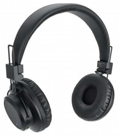 Manhattan Bluetooth On-Ear Headset, Microphone, FM Radio, Integrated Controls, 8 hour usage time, Max Range 10m, MicroSD Card slot, 3.5mm Aux port, Bluetooth v5.0, USB-A charging cable included, Three Year Warranty