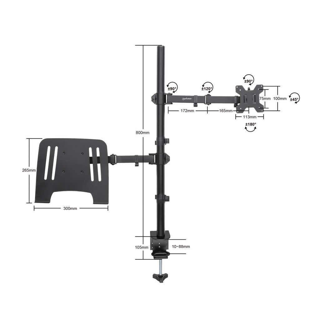 Manhattan Desk Mount for Monitors & Laptop Combo (Full Motion), For screens: 10-27", Laptop up to 17", Clamp Assembly, VESA compatibility: 75x75 and 100x100mm - check the dimensions of the four mounting holes on back of screen to ensure it fits, Max 8kg,