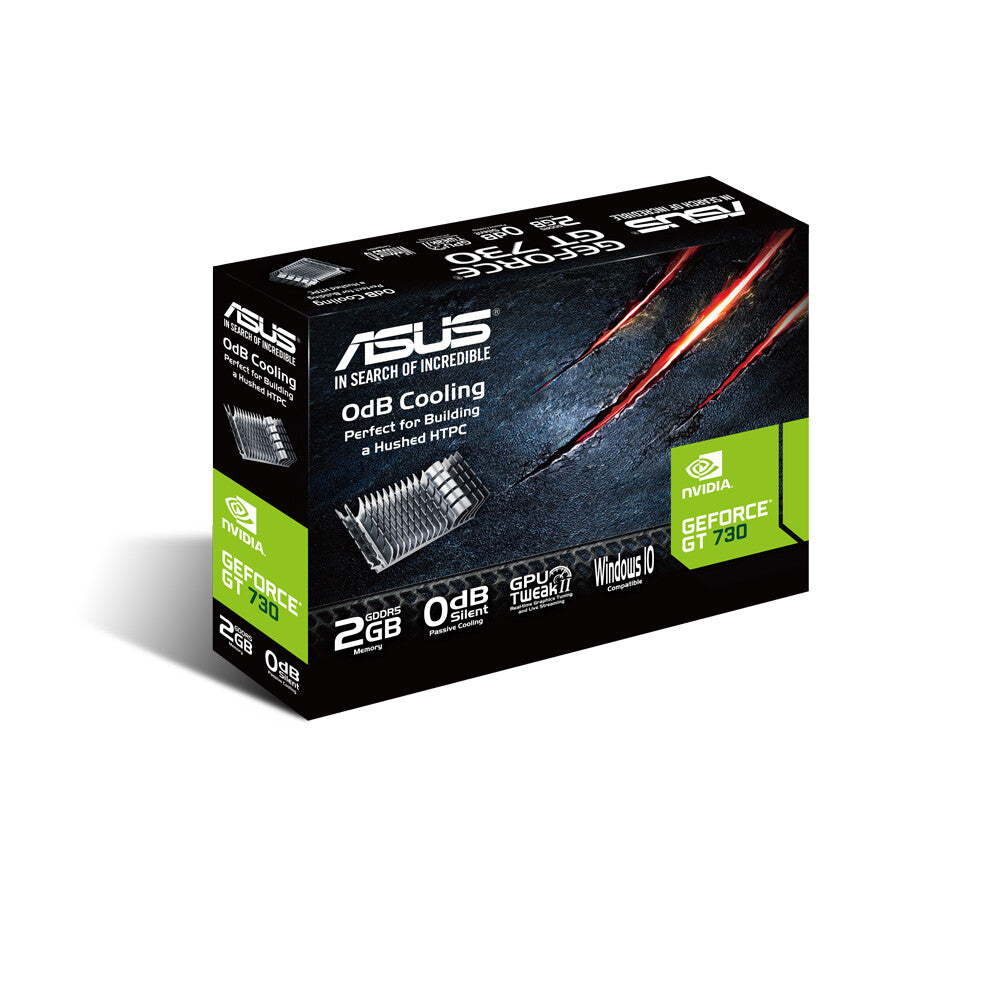 Asus GT730, 2GB DDR5, PCIe2, VGA, DVI, HDMI, silencioso, perfil bajo (soporte incluido)
