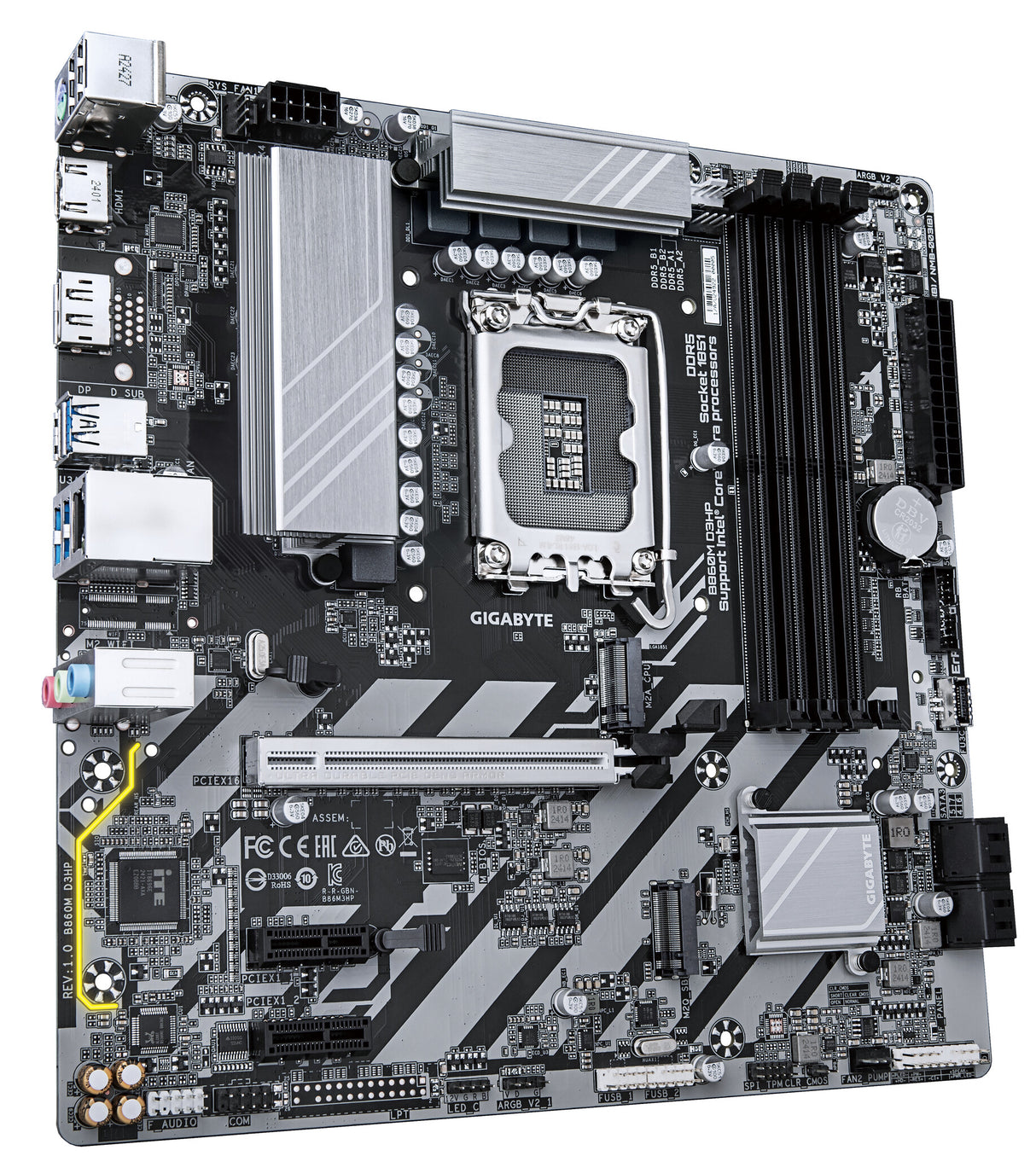 GIGABYTE B860M D3HP Motherboard - Intel Core Ultra Series CPUs, 4+1+2+1 Phases VRM, up to 9066MHz DDR5, 2xPCIe 4.0 M.2, GbE LAN, USB 3.2 Gen 1