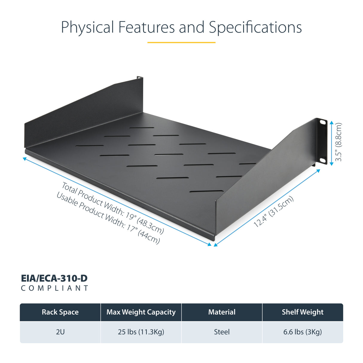 StarTech.com 2U Vented Server Rack Shelf, 12" (31.5cm) Mounting Depth, Cantilever Tray For 19" Rack/Cabinet, Heavy-Duty Steel, Up To 25lb/11.3kg, Includes Cage Nuts/Screws