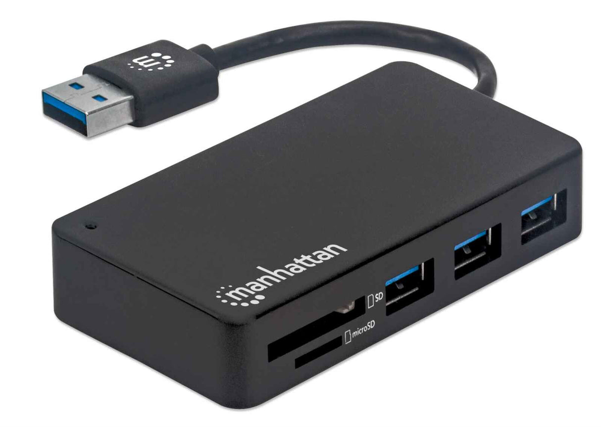 Manhattan USB-A 3-Port Hub with Card Reader, 3x USB-A ports, 5 Gbps (USB 3.2 Gen1 aka USB 3.0), SD, MicroSD, MMC and Memory Stick; Bus Power, SuperSpeed USB, Black, Three Year Warranty