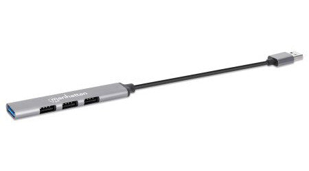 Manhattan USB-A 4-Port Hub, 4x USB-A Ports (1x 5 Gbps USB 3.2 Gen1 aka USB 3.0, 3 x 480 Mbps USB 2.0), USB powered (no external power supply required), Aluminium