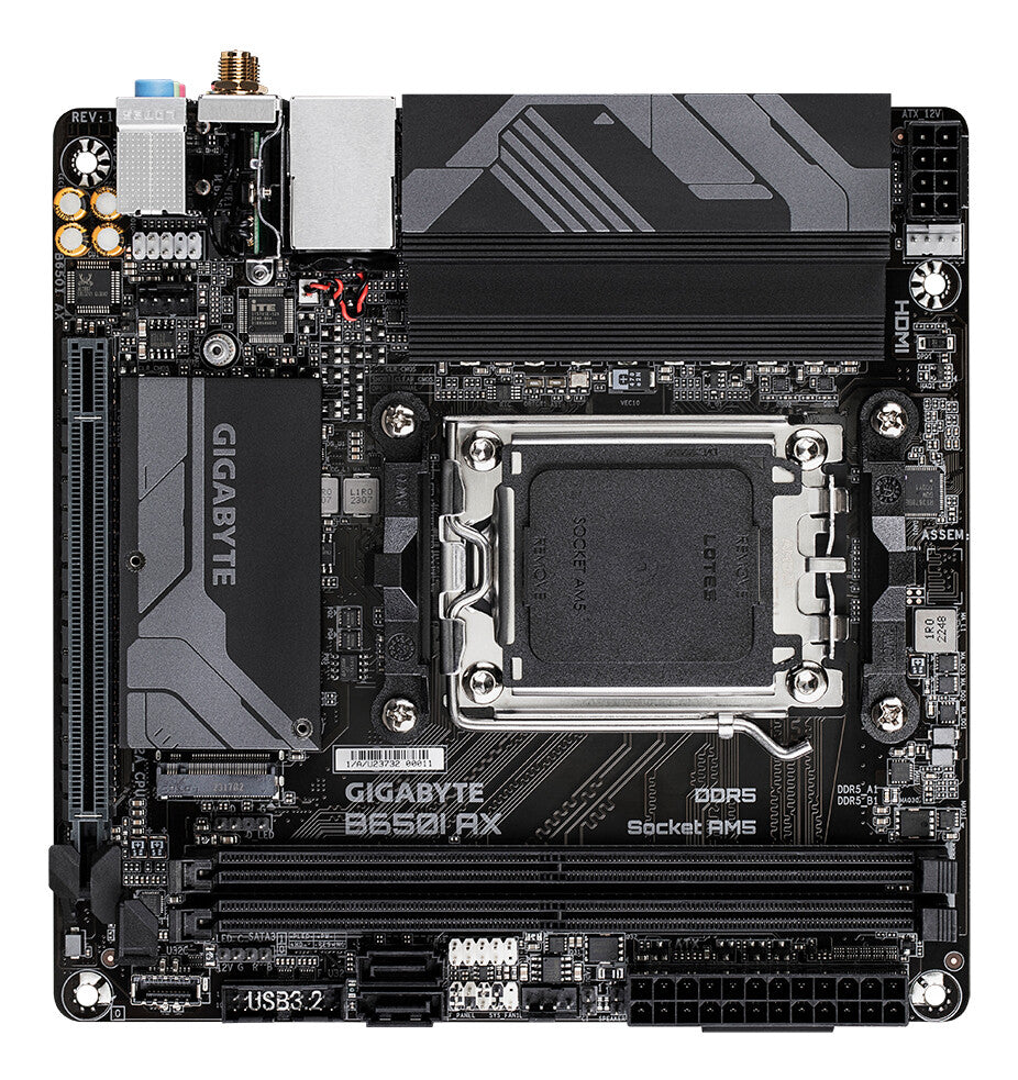 GIGABYTE B650I AX Motherboard - AMD Ryzen 9000 Series CPUs, 5+2+1 Phases VRM, up to 6400MHz DDR5 (OC), 1xPCIe 4.0 M.2, 2.5GbE LAN, WIFI 6E, USB 3.2 Gen 2