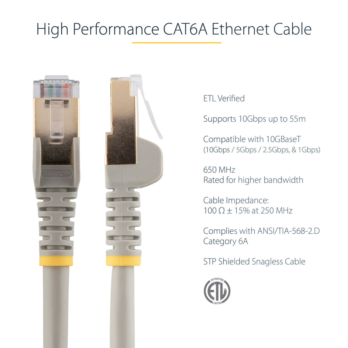 StarTech.com 7m CAT6a Ethernet Cable - 10 Gigabit Shielded Snagless RJ45 100W PoE Patch Cord - 10GbE STP Network Cable w/Strain Relief - Grey Individually Tested/Wiring is UL Certified/TIA