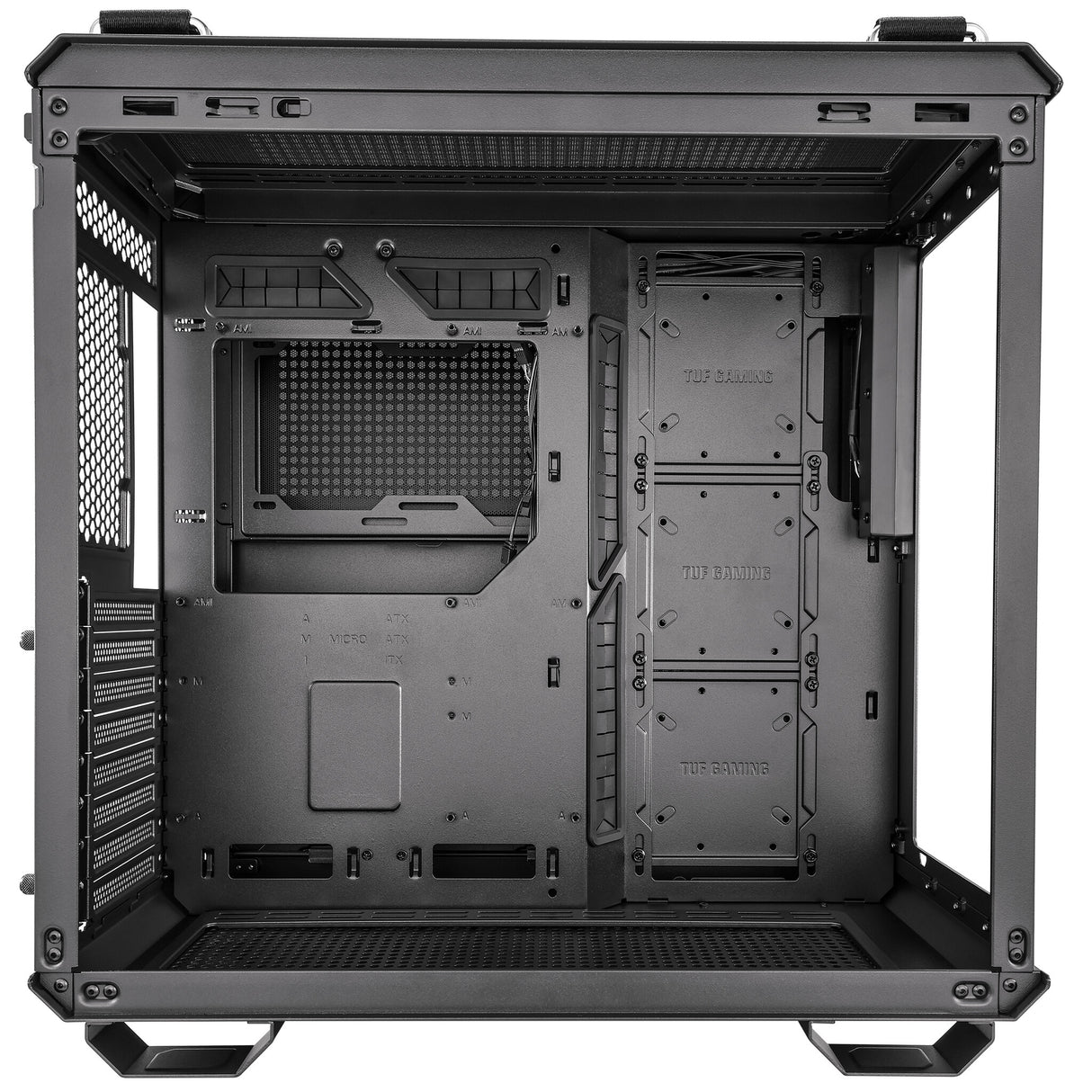 Asus TUF Gaming GT502 Boîtier avec fenêtre avant et latérale en verre, ATX, double chambre, conception modulaire, bouton de commande LED, USB-C, poignées de transport, noir