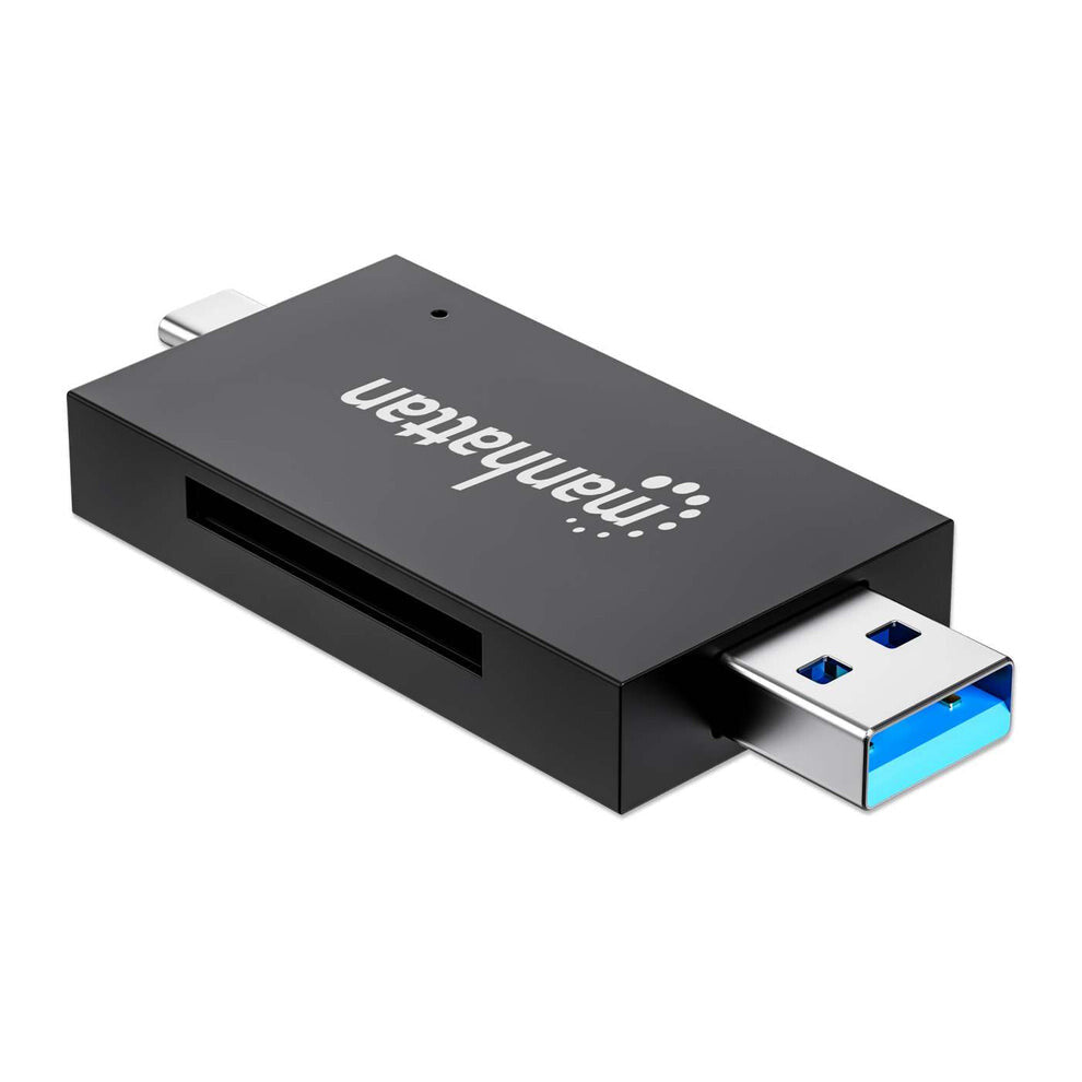 Manhattan USB-A / USB-C combo Multi-Card Reader/Writer, 5 Gbps (USB 3.2 Gen1 aka USB 3.0), Male to microSD and SD/MMC Slots, Mini Format, SuperSpeed USB, Windows or Mac, Black/Transparent, Three Year Warranty