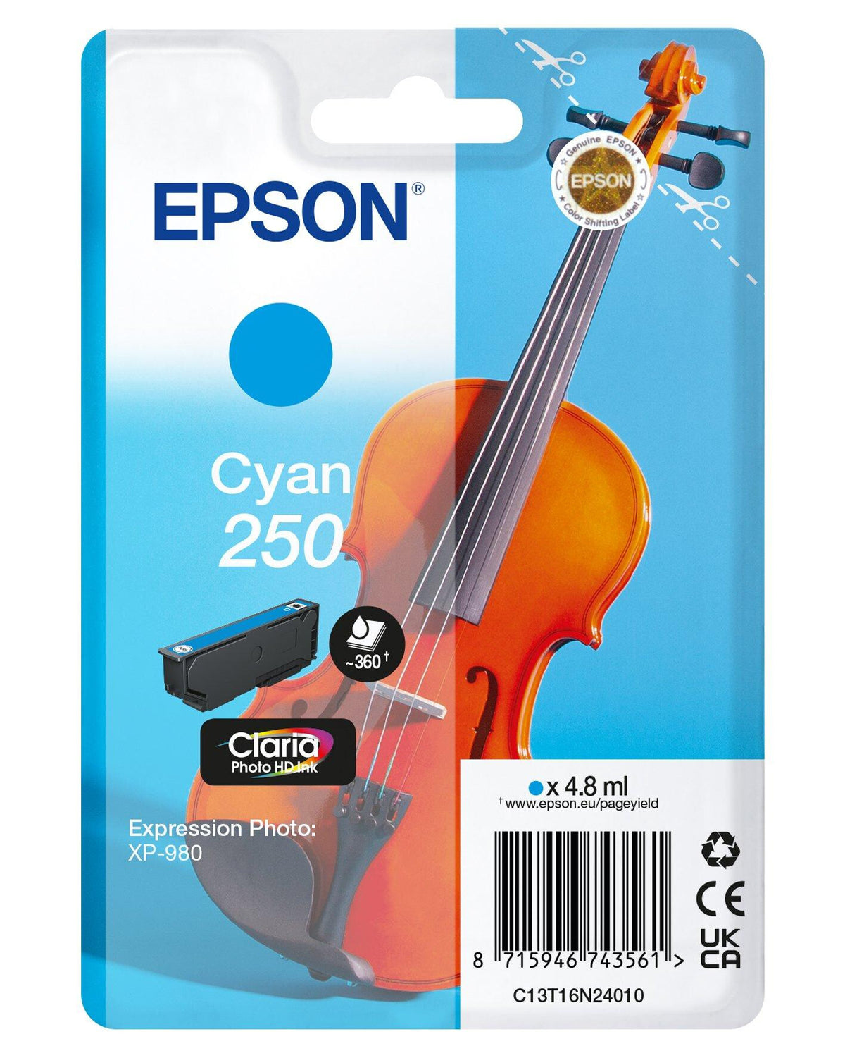 Epson Singlepack Cyan 250 Violin Claria Photo HD Ink