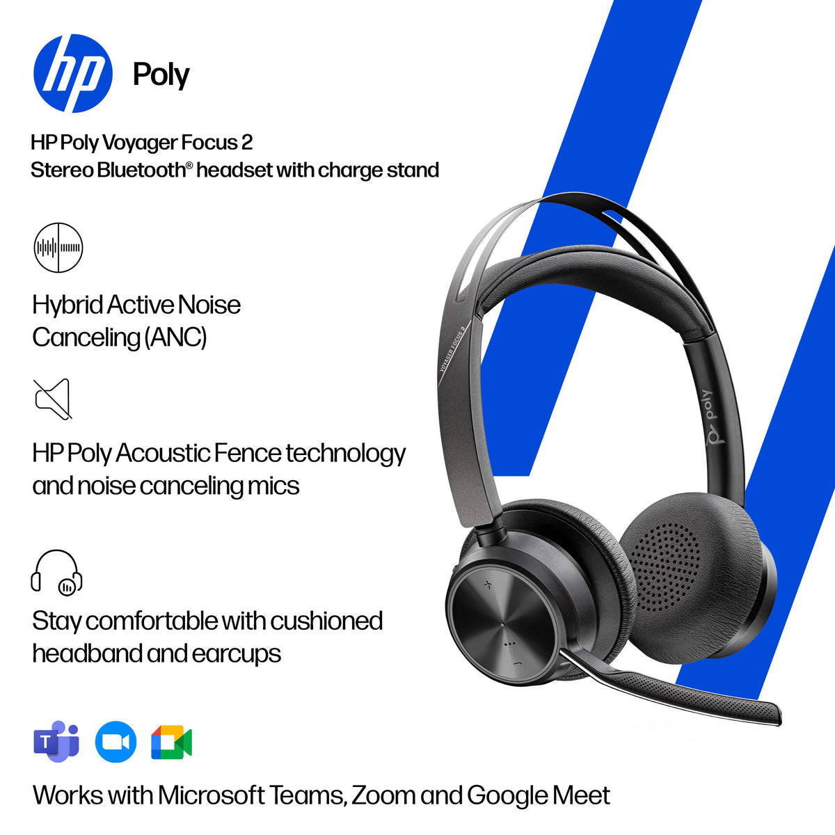 HP Poly Voyager Focus 2 USB-C-C Headset +USB-C/A Adapter +Charging Stand