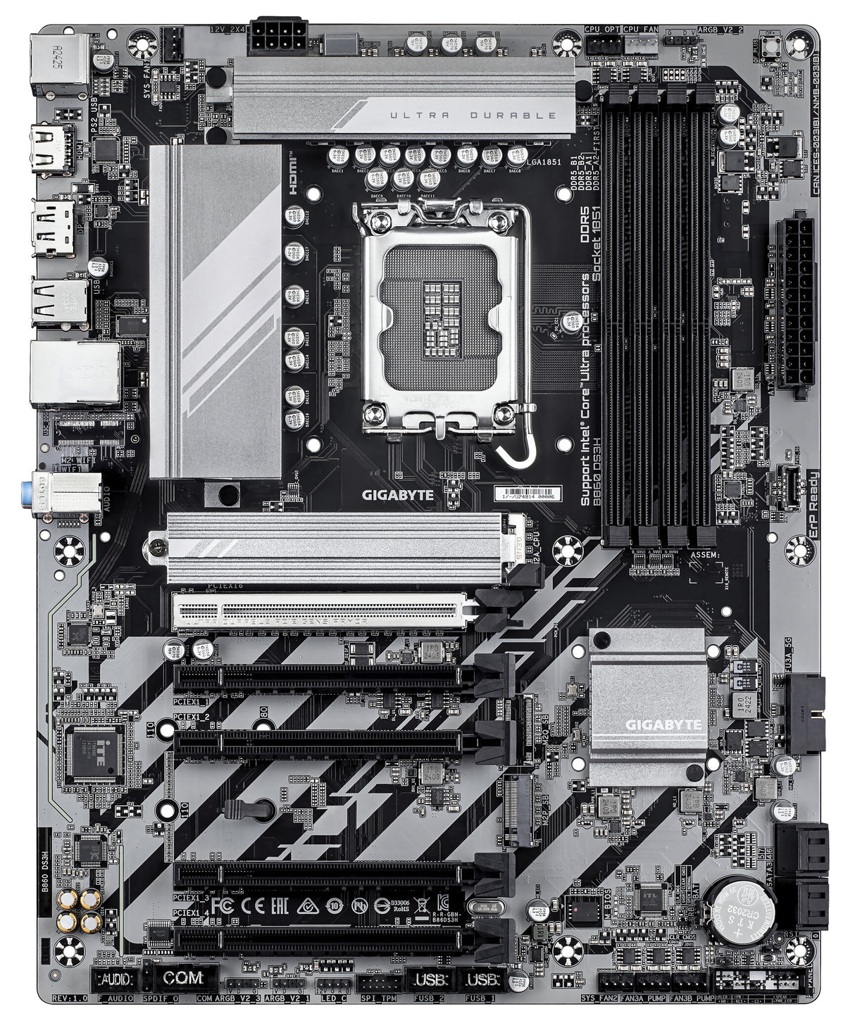 GIGABYTE B860 DS3H Motherboard - Supports Intel Core Ultra CPUs, 8+1+2+2 phases VRM, up to 9066MHz DDR5, 1xPCIe 5.0 + 1xPCIe 4.0 M.2, 2.5 GbE LAN, USB 3.2 Gen 2x2