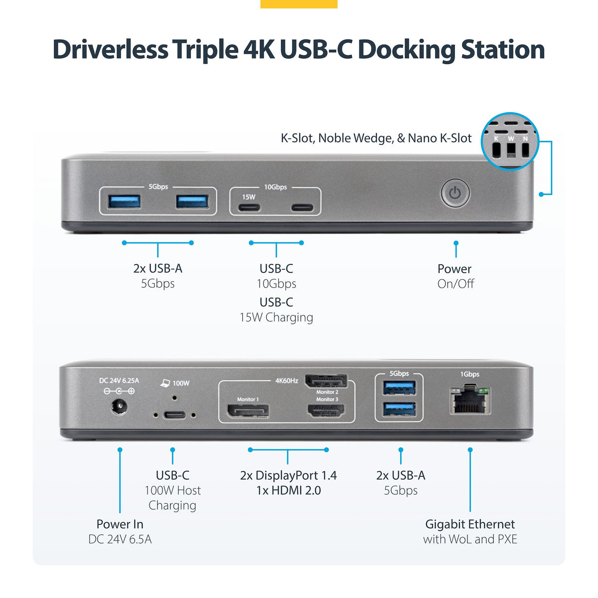 StarTech.com USB-C Docking Station Triple 4K Displays (2x 4K 60Hz, 1x 4K 30Hz), 100W Power Delivery, 6 USB Ports (10Gbps), Gigabit Ethernet, DisplayPort + HDMI, Driverless Windows Laptop Dock