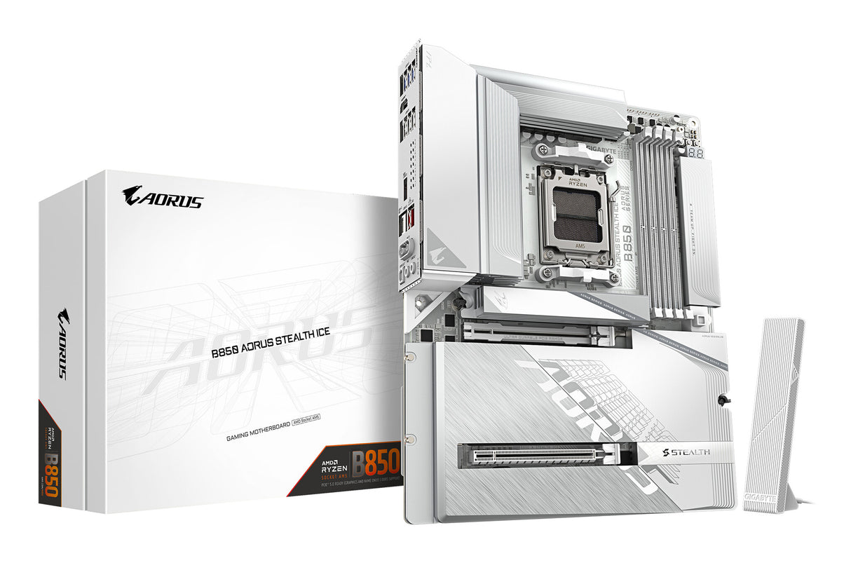 GIGABYTE B850 AORUS STEALTH ICE Motherboard - AMD Ryzen 9000 Series CPUs, 14+2+2 Phases Digital VRM, up to 8200MHz DDR5 (OC), 2xPCIe 5.0 + 2xPCIe 4.0 M.2, WIFI 7, 5 GbE LAN, USB 3.2 Gen 2