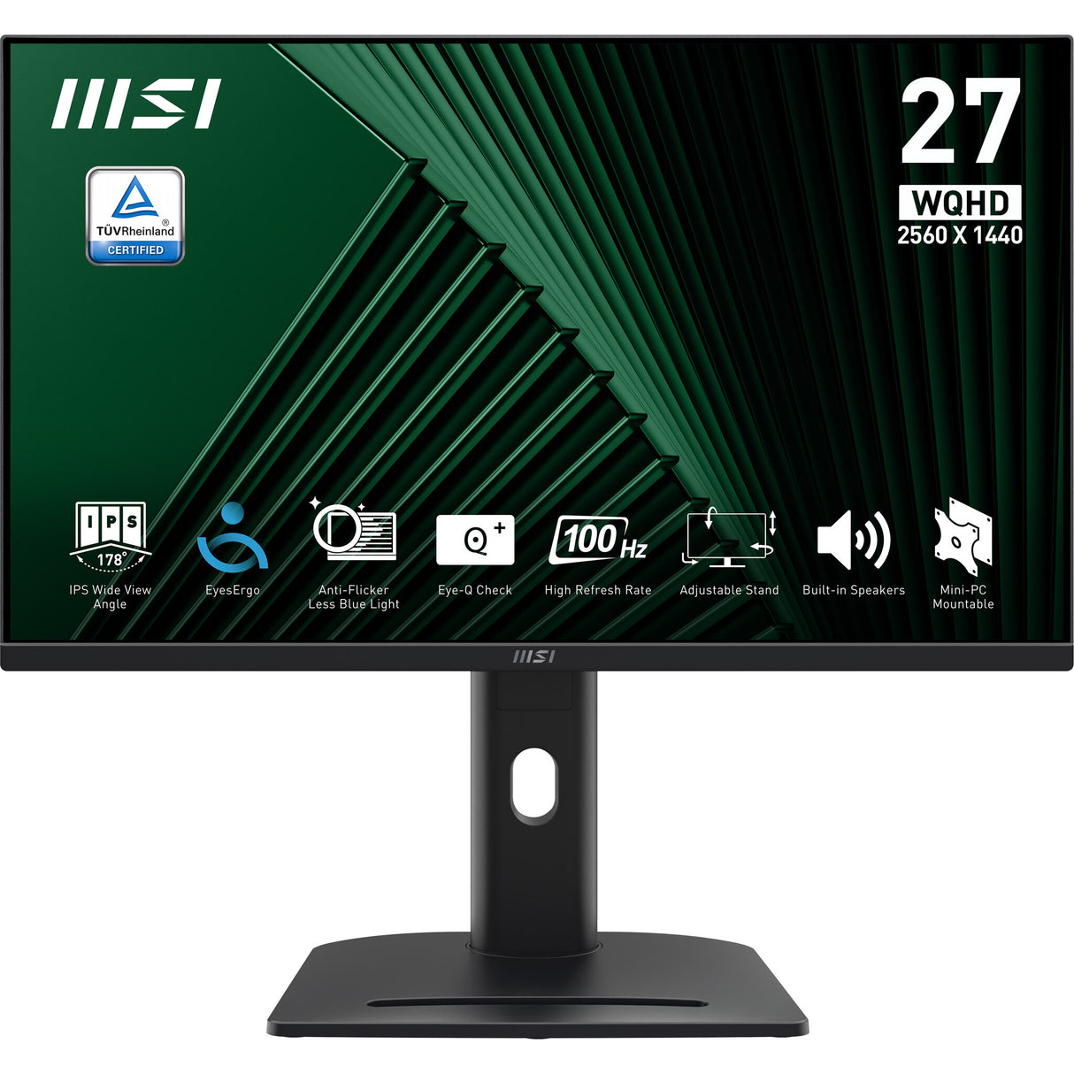 MSI Pro MP275QPG 27 Inch Monitor, QHD (2560 x 1440), 100Hz, IPS, 1ms, 2x HDMI 2.0b, 1x DP 1.2a output, Built-in Speakers, Anti-Glare, Anti-Flicker, Less Blue light, TÜV Certified, VESA, Kensington, 4-way adjustable stand, Black