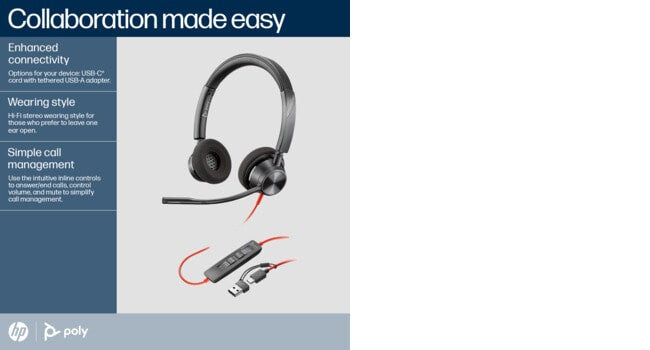 POLY Blackwire 3320 Stereo Microsoft Teams Certified USB-C Headset +USB-C/A Adapter