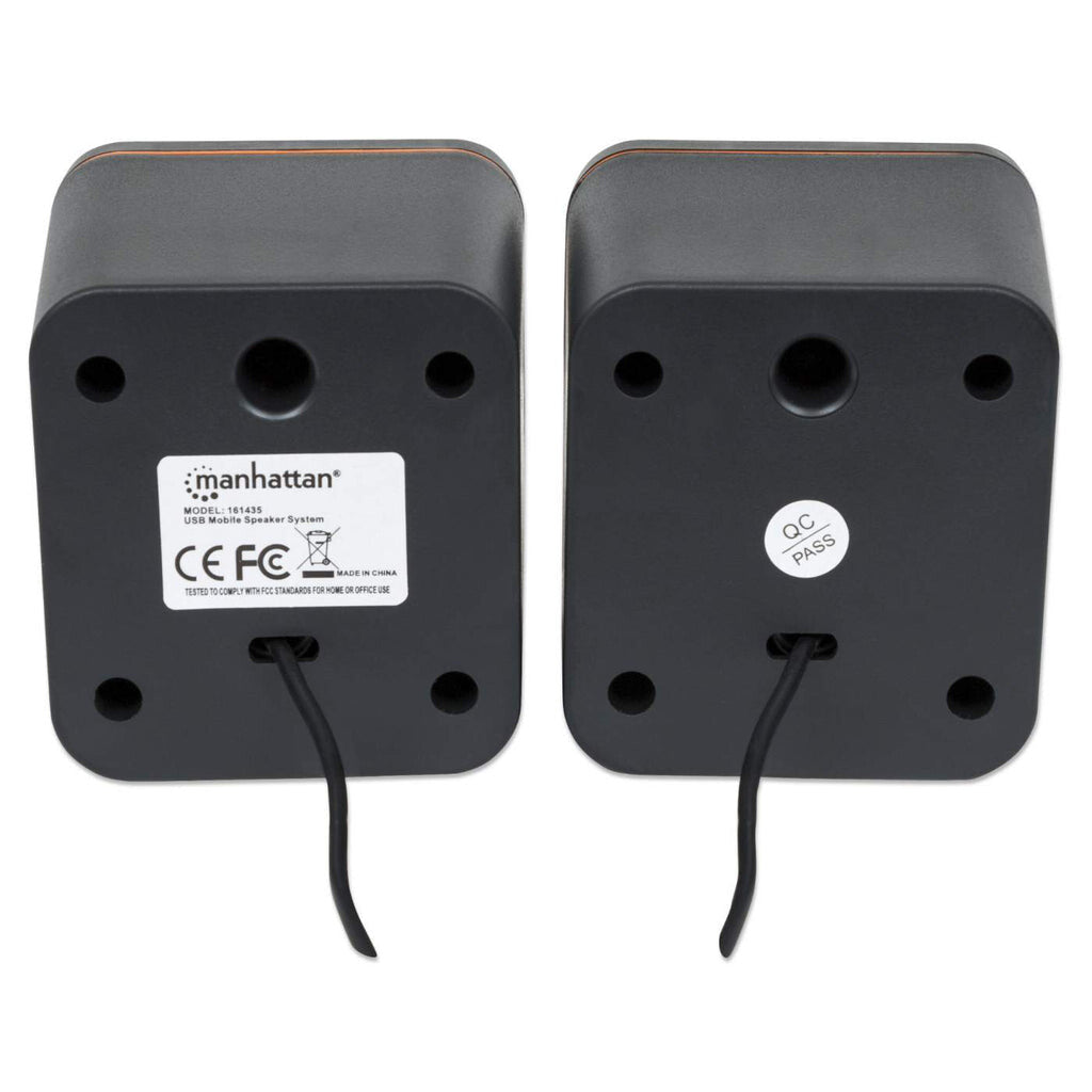 Manhattan 2600 Series Speaker System, Small Size, Big Sound, Two Speakers, Stereo, USB power, Output: 2x 3W, 3.5mm plug for sound, In-Line volume control, Cable 0.9m, Black, Three Year Warranty