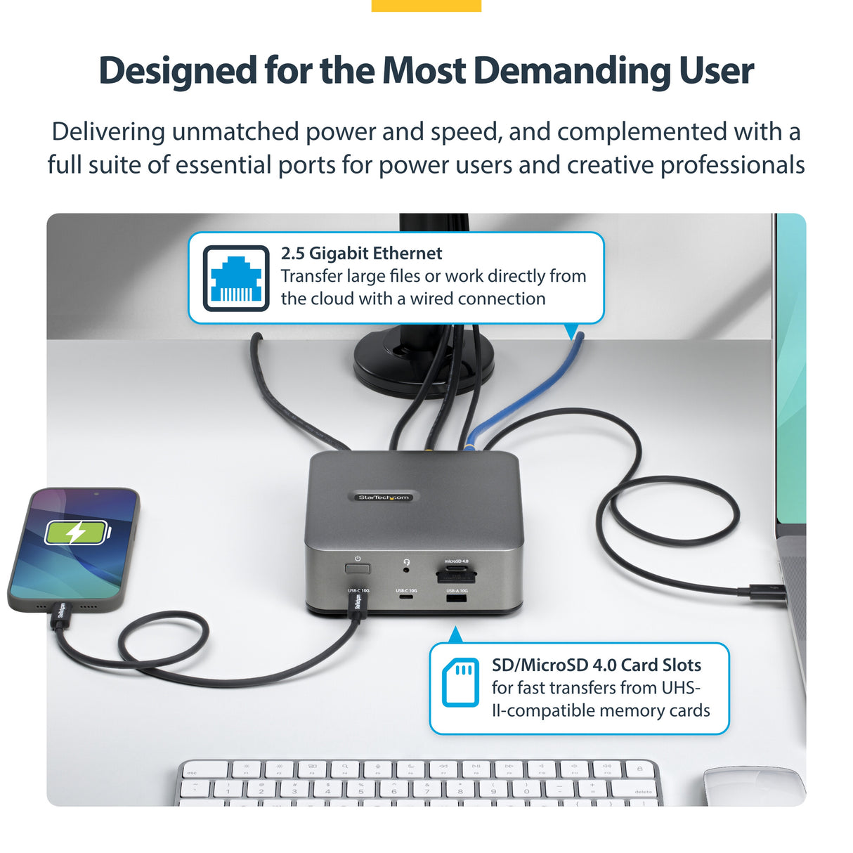 StarTech.com Thunderbolt 5 Universal Docking Station, Multi-Display Hub, 8K 60Hz or 4K 144Hz, 120Gbps Bandwidth Boost, 140W PD, 30W Phone Charging, USB 10Gbps, 2.5G LAN