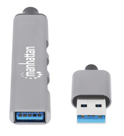 Manhattan USB-A 4-Port Hub, 4x USB-A Ports (1x 5 Gbps USB 3.2 Gen1 aka USB 3.0, 3 x 480 Mbps USB 2.0), USB powered (no external power supply required), Aluminium
