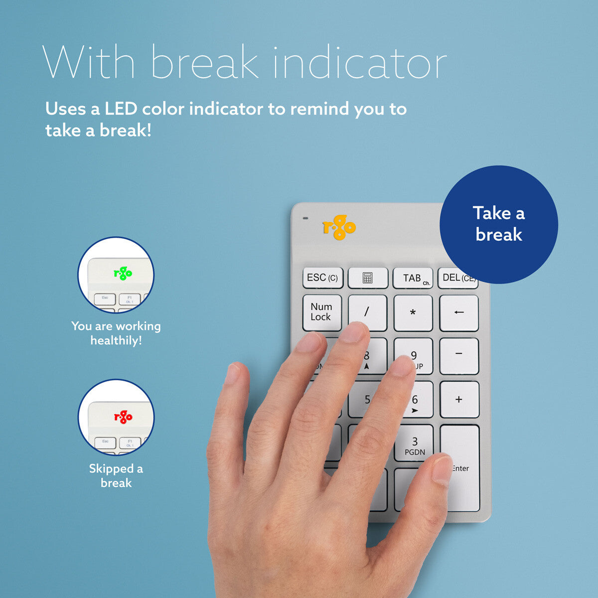 R-Go Tools Numeric keypad R-Go Numpad Break, ergonomic numeric keypad with break software, bluetooth, white