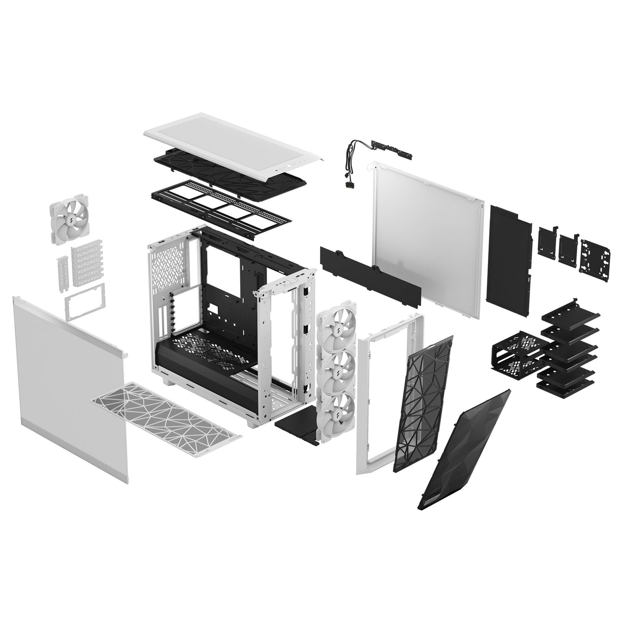 Fractal Design Meshify 2 RGB (White TG) Estuche para juegos con ventana de vidrio transparente claro, E-ATX, frente de malla angular, 4 ventiladores RGB, concentrador de ventilador, filtro frontal desmontable, USB-C