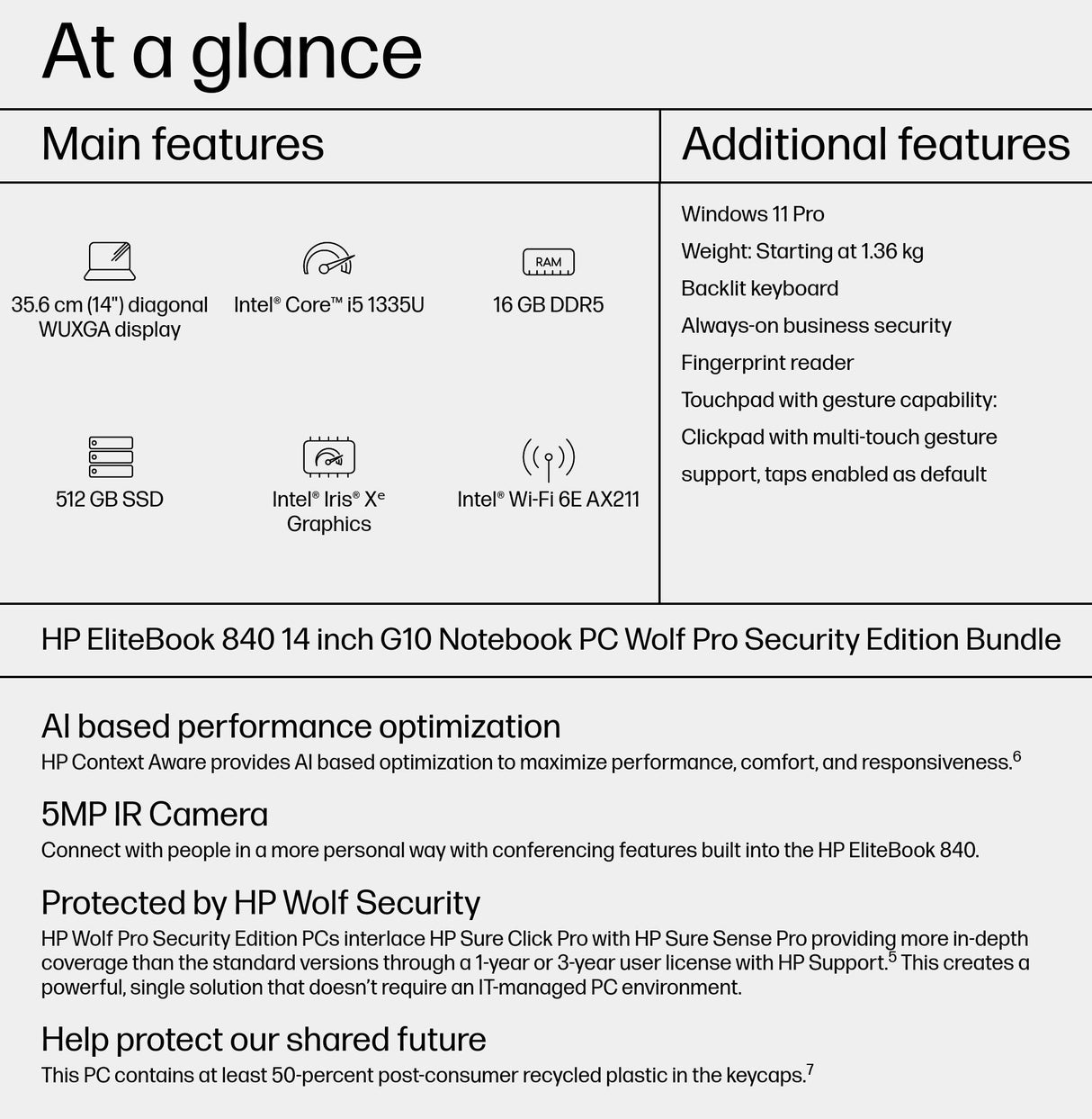 HP EliteBook 840 G10 Intel® Core™ i5 i5-1335U Laptop 35.6 cm (14") WUXGA 16 GB DDR5-SDRAM 512 GB SSD Wi-Fi 6E (802.11ax) Windows 11 Pro Silver