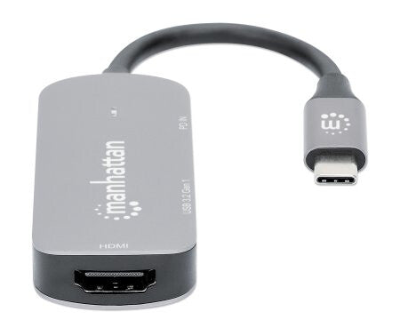Manhattan USB-C Dock/Hub, Ports (x3): HDMI, USB-A and USB-C, With Power Delivery (100W) to USB-C Port (Note add USB-C wall charger and USB-C cable needed), Universal for all devices, All Ports can be used at the same time, Aluminium, Space Grey, 3 Year Wa
