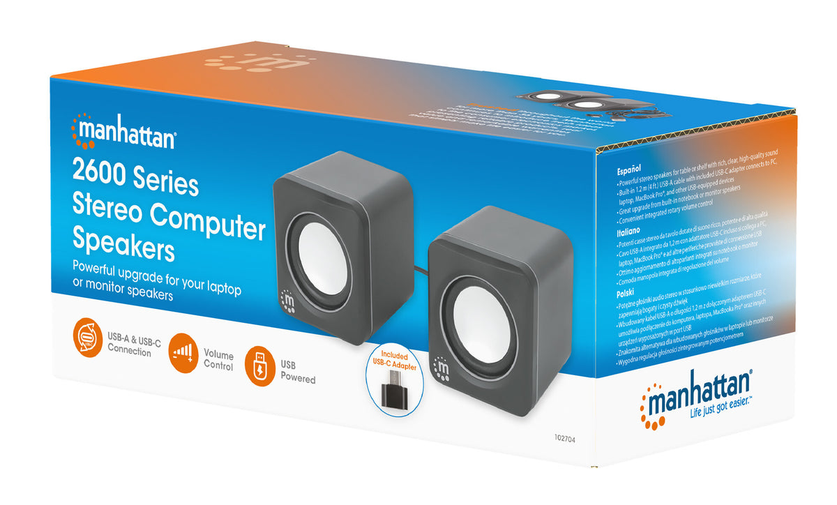 Manhattan 2600 Series Speaker System, Two Speakers, Black/Silver, USB for Stereo Audio and Power, Output: 2x 3W, Decent Sound, Integrated rotary volume control, USB-C/USB-A Adapter, Cable 1.4m, Three Year Warranty
