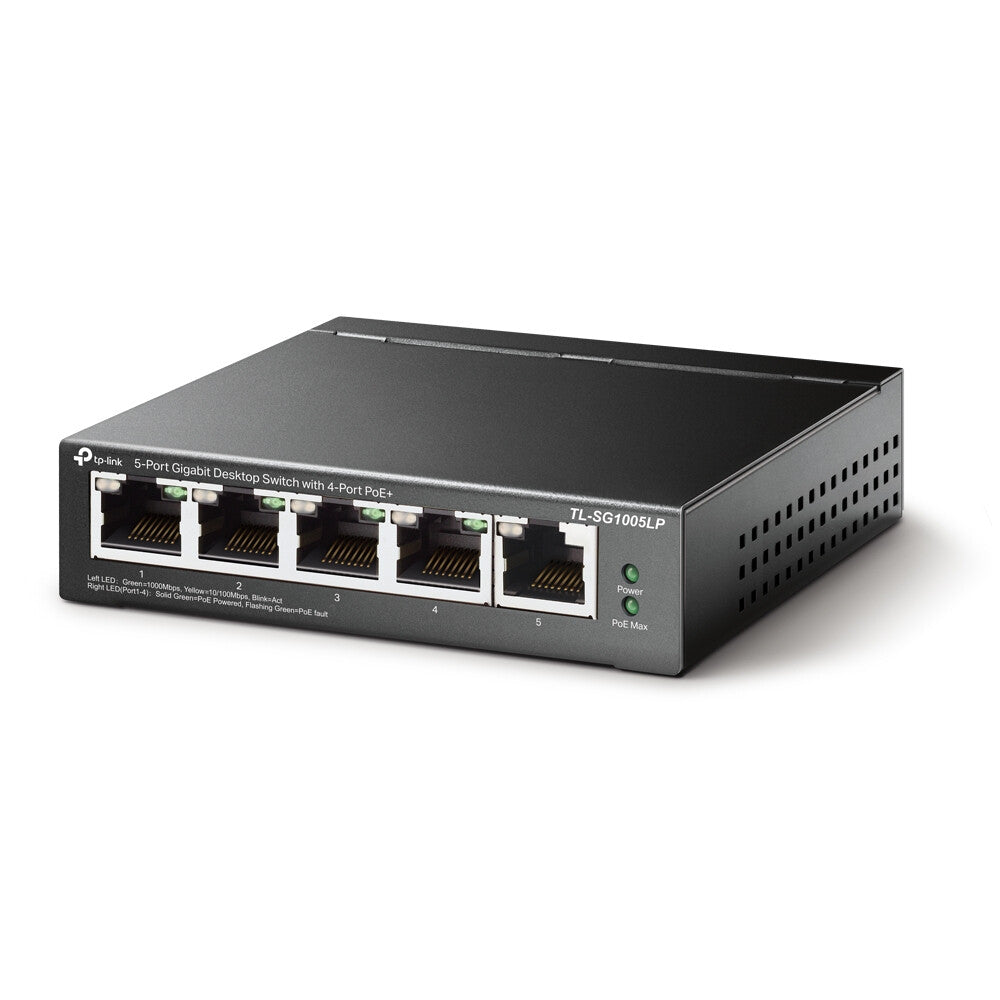 TP-LINK (TL-SG1005LP) Switch de Escritorio No Administrado Gigabit de 5 Puertos, PoE de 4 Puertos, Alimentación Inteligente, Caja de Acero