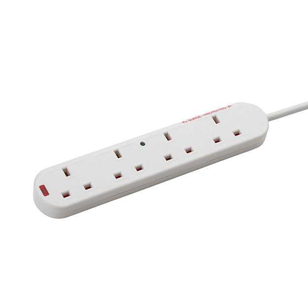 connektgear 2m 4 Way Surge Protected Extension Block - UK Plug to 4 x UK Sockets - White