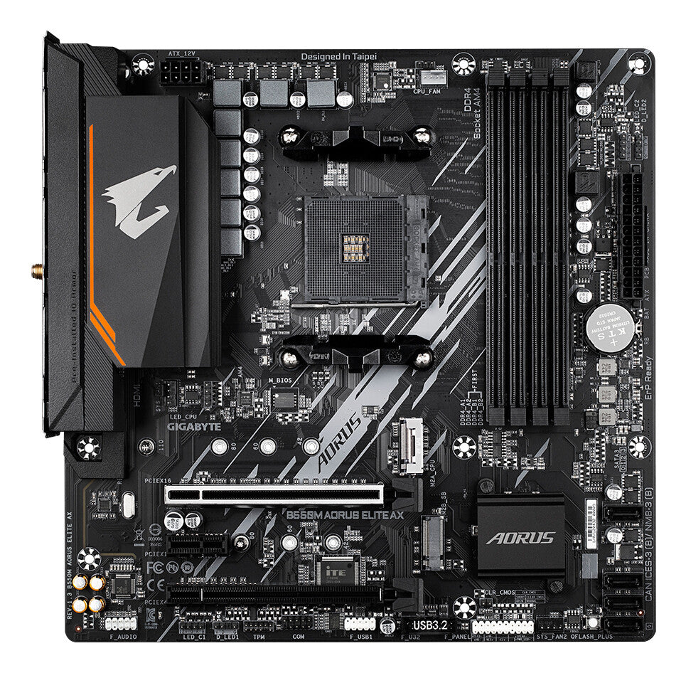 GIGABYTE B550M AORUS ELITE AX Motherboard - AMD Ryzen 5000 CPUs, 5+3 Phases VRM, up to 4733MHz DDR4, 1xPCIe 4.0 + 1xPCIe 3.0 M.2, Wi-Fi 6E, 1GbE LAN, USB 3.2 Gen 1