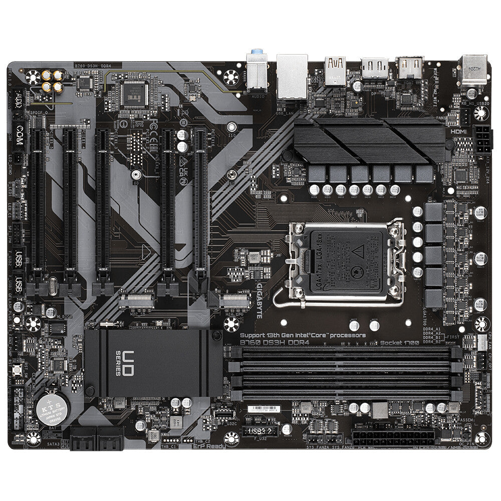GIGABYTE B760 DS3H DDR4 Motherboard - Supports Intel Core 14th CPUs, 18+2+1 Phases Digital VRM, up to 5333MHz DDR4 (OC), 2xPCIe 4.0 M.2, GbE LAN, USB 3.2 Gen 2
