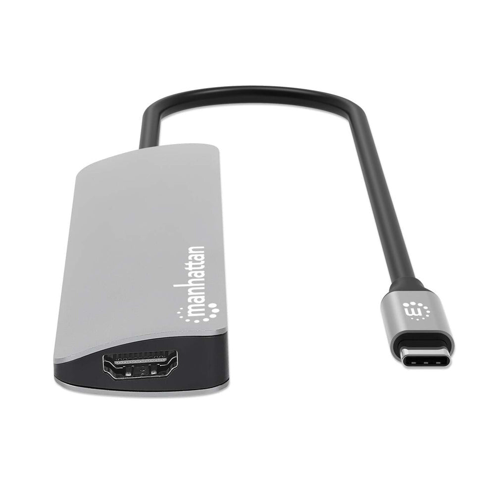 Manhattan USB-C Dock/Hub with Card Reader, Ports (x5): HDMI, USB-A (x2) and USB-C (x2), with Power Delivery (PD) 100W- requires external USB-C charger (not included). USB powered (no external power supply required) when PD is not in use