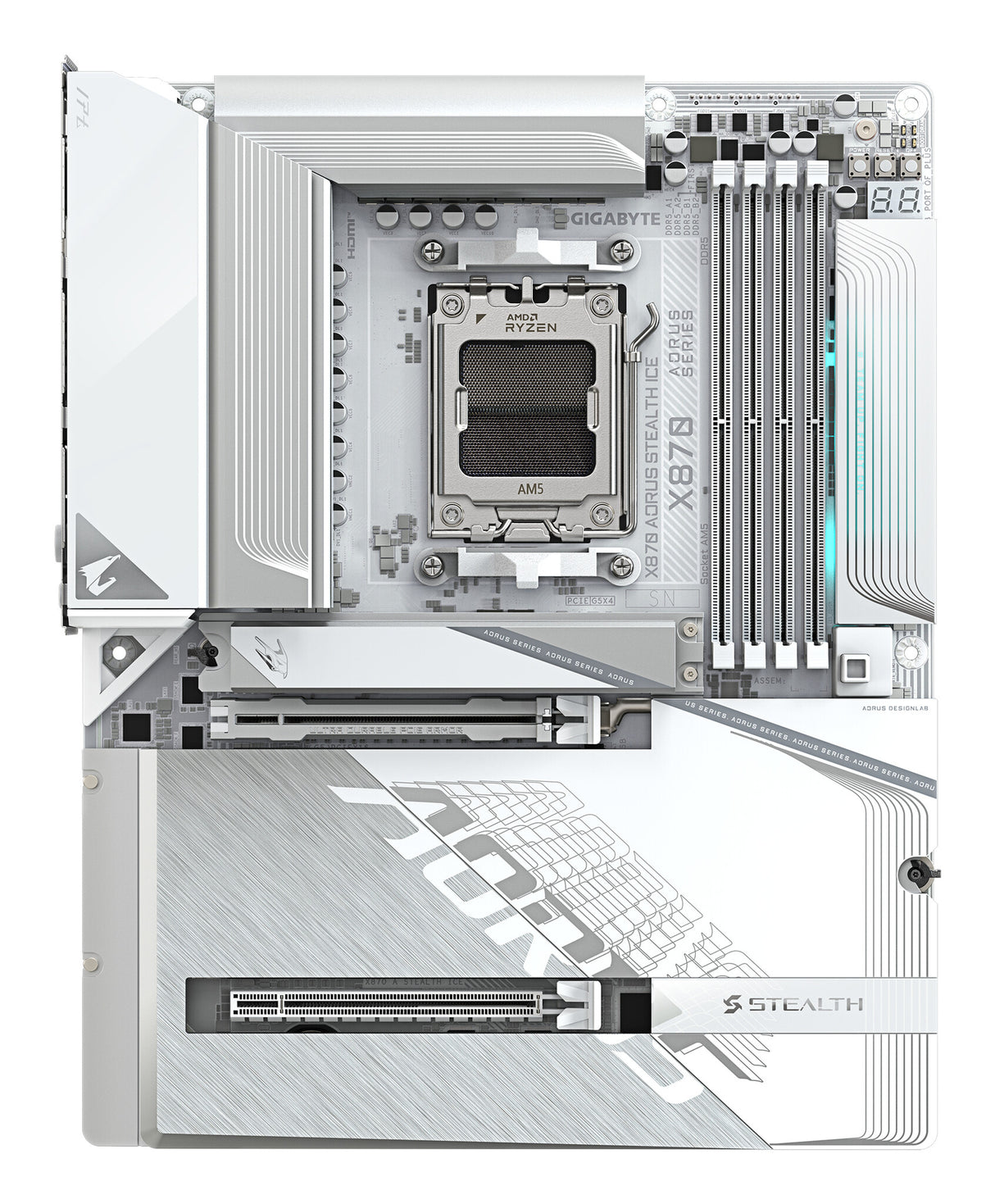 GIGABYTE X870 AORUS STEALTH ICE Motherboard - Supports AMD Ryzen 9000 CPUs, 16+2+2 Phases Digital VRM, up to 8200Hz DDR5 (OC), 2xPCIe 5.0 + 2xPCIe 4.0, Wi-Fi 7, 5 GbE LAN, USB 4