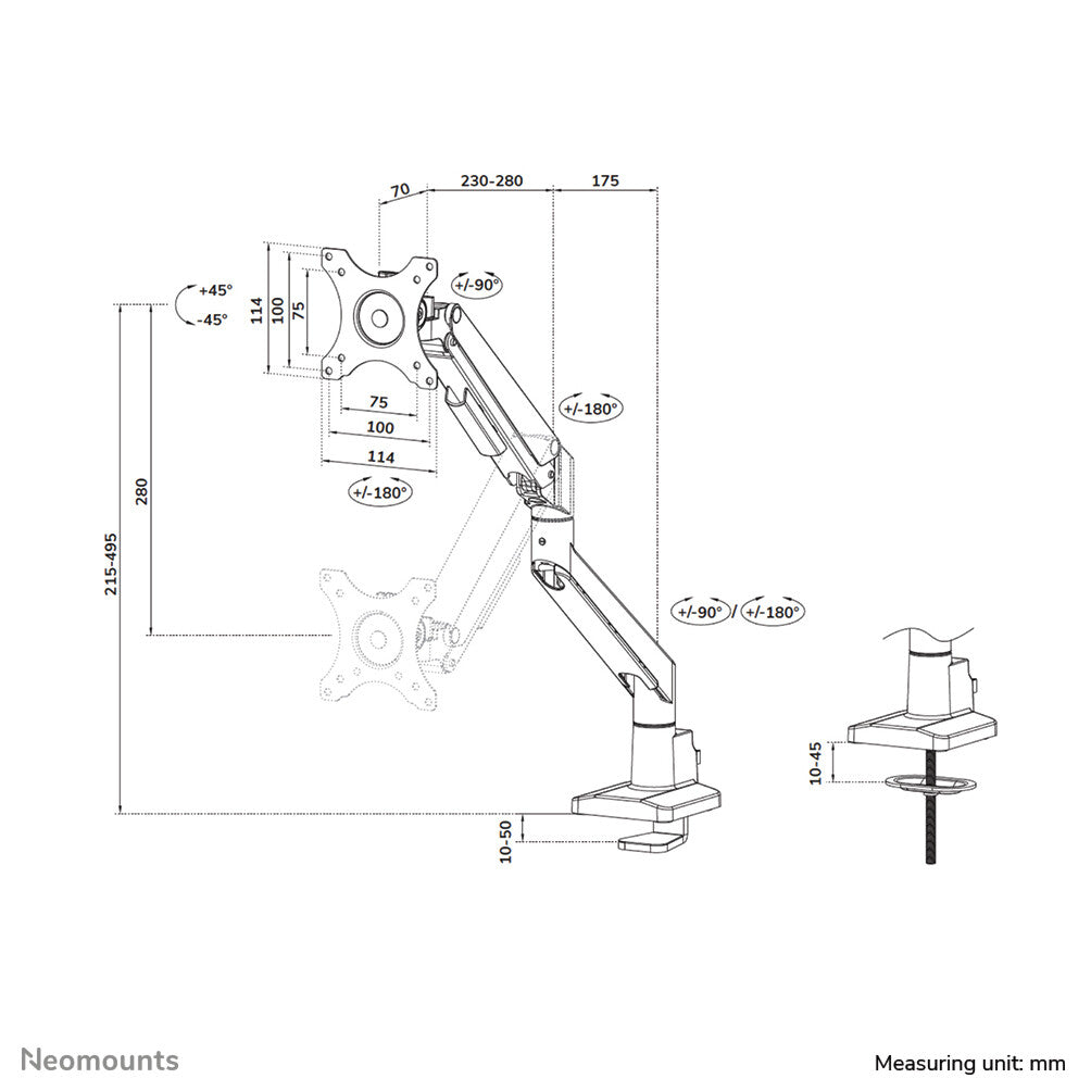 Neomounts DS70-250BL1 Monitor arm 17-35" - gas spring - Topfix - 180°-stop