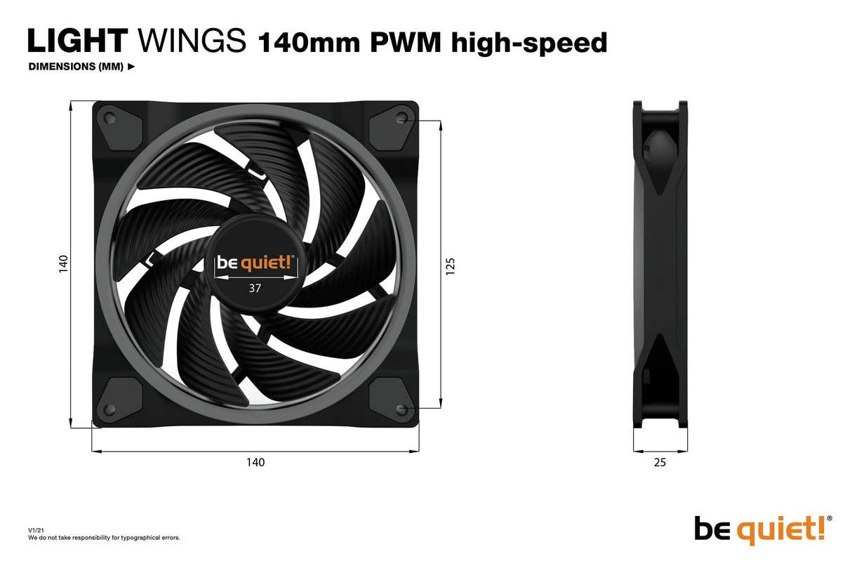 Soyez silencieux! Light Wings PWM Ventilateur RVB adressable haute vitesse, 140 mm, 2200 tr/min, ventilateur PWM 4 broches et connecteurs ARGB 3 broches, cadre noir, pales noires, éclairage ARGB à l'avant et à l'arrière