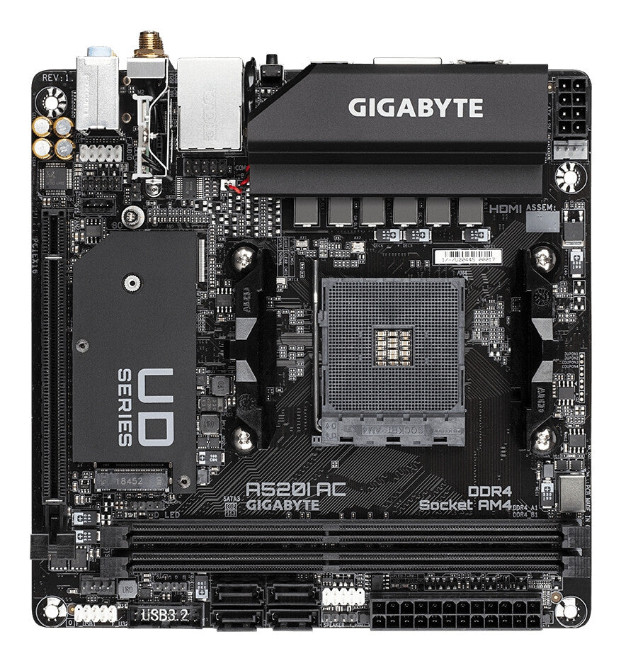 GIGABYTE A520I AC Motherboard - Supports AMD Ryzen 5000 Series AM4 CPUs, 6 Phases Digital VRM, up to 5300MHz DDR4 (OC), 1xPCIe 3.0 M.2, WIFI, GbE LAN, USB 3.2 Gen1