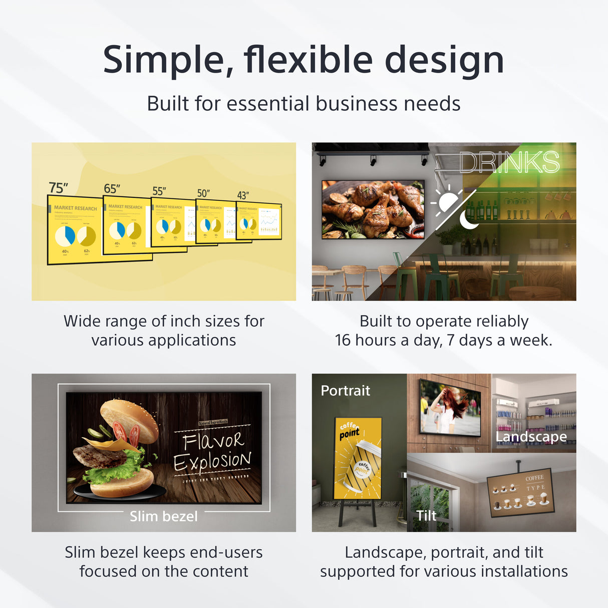 Sony FW-43EZ20L Signage Display Digital signage flat panel 109.2 cm (43") LED Wi-Fi 350 cd/m² 4K Ultra HD Black Android 16/7