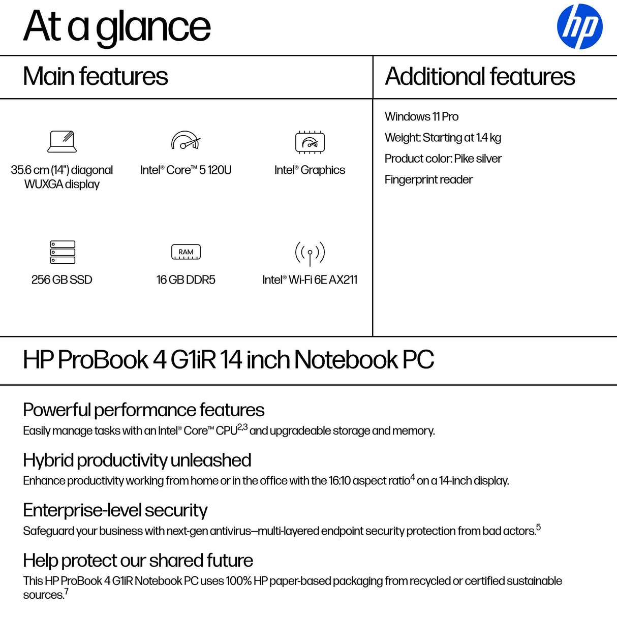 HP ProBook 4 G1iR 14 inch Notebook PC Intel Core 5 120U Laptop 35.6 cm (14") WUXGA 16 GB DDR5-SDRAM 256 GB SSD Wi-Fi 6E (802.11ax) Windows 11 Pro