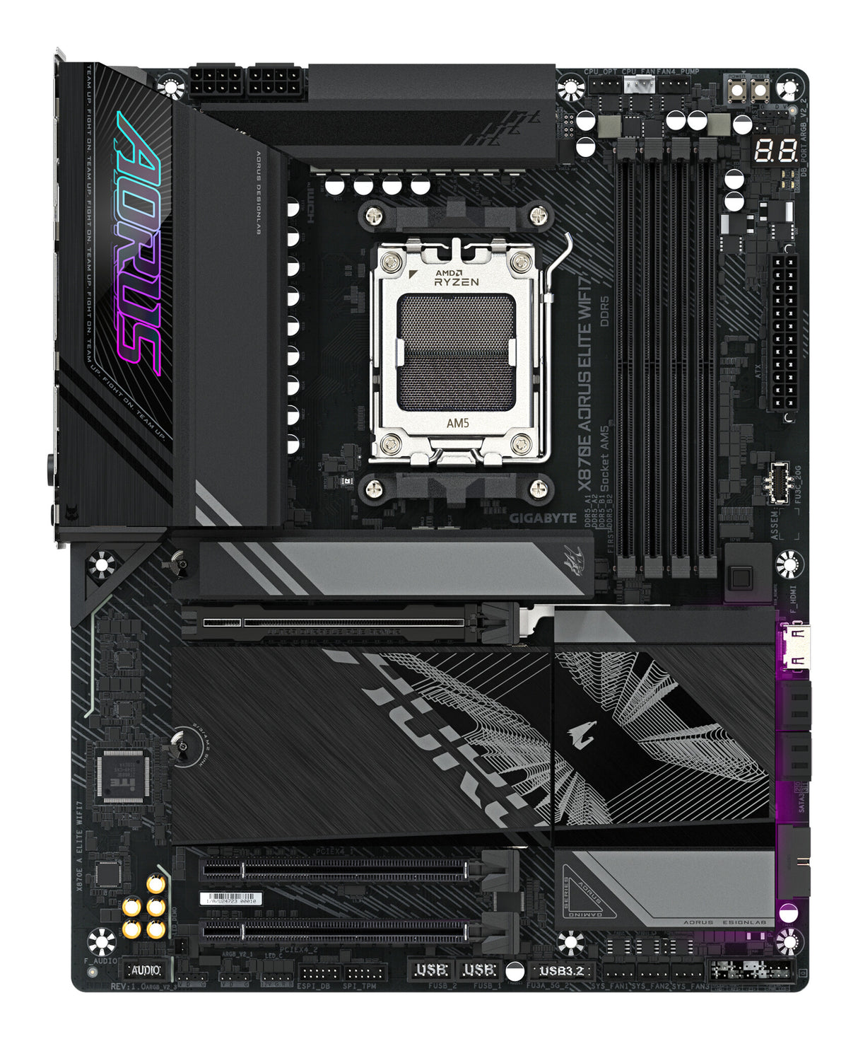 GIGABYTE X870E AORUS ELITE WIFI7 Motherboard - Supports AMD Ryzen 9000 CPUs, 16+2+2 Phases Digital VRM, up to 8000Hz DDR5 (OC), 3xPCIe 5.0 + 1xPCIe 4.0, Wi-Fi 7, 2.5GbE LAN, USB 4