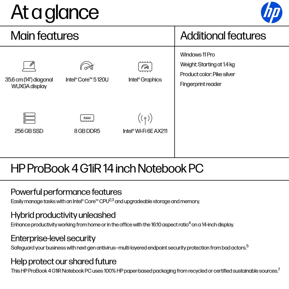 HP ProBook 4 G1iR Intel Core 5 120U Laptop 35.6 cm (14") WUXGA 8 GB DDR5-SDRAM 256 GB SSD Wi-Fi 6E (802.11ax) Windows 11 Pro Silver