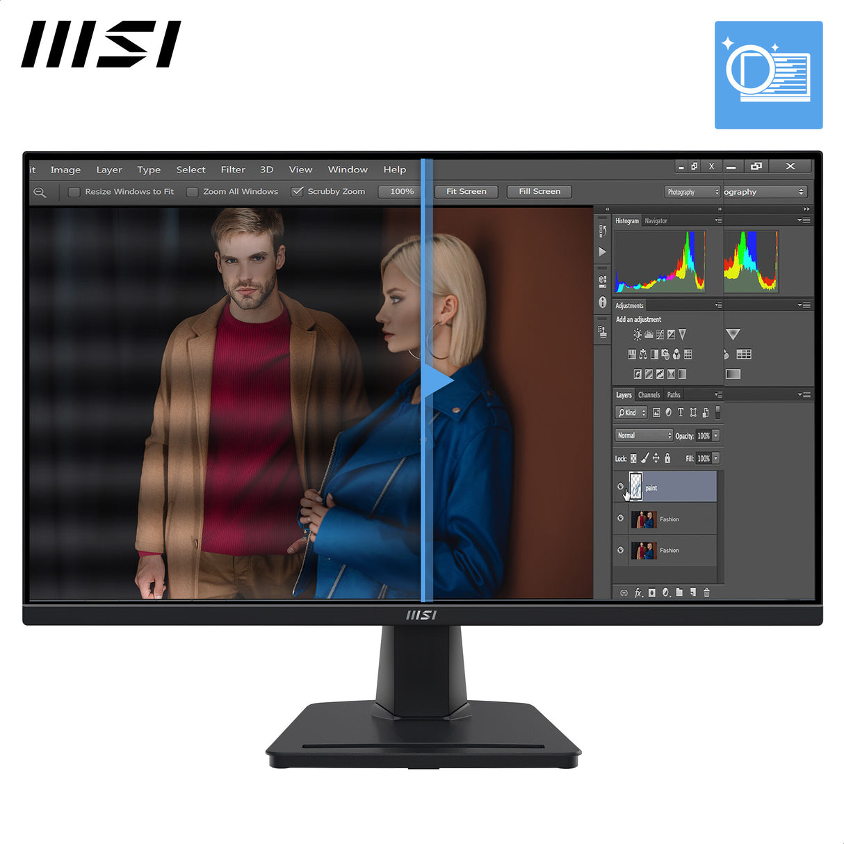 MSI Pro MP245G 24 Inch Monitor, FHD (1920 x 1080), 100Hz, IPS, 1ms, 1x HDMI 1.4b, 1x DP 1.2a output, 1x D-Sub(VGA), Built-in Speakers, Anti-Glare, Anti-Flicker, Less Blue light, TÜV Certified, VESA, Kensington, Black