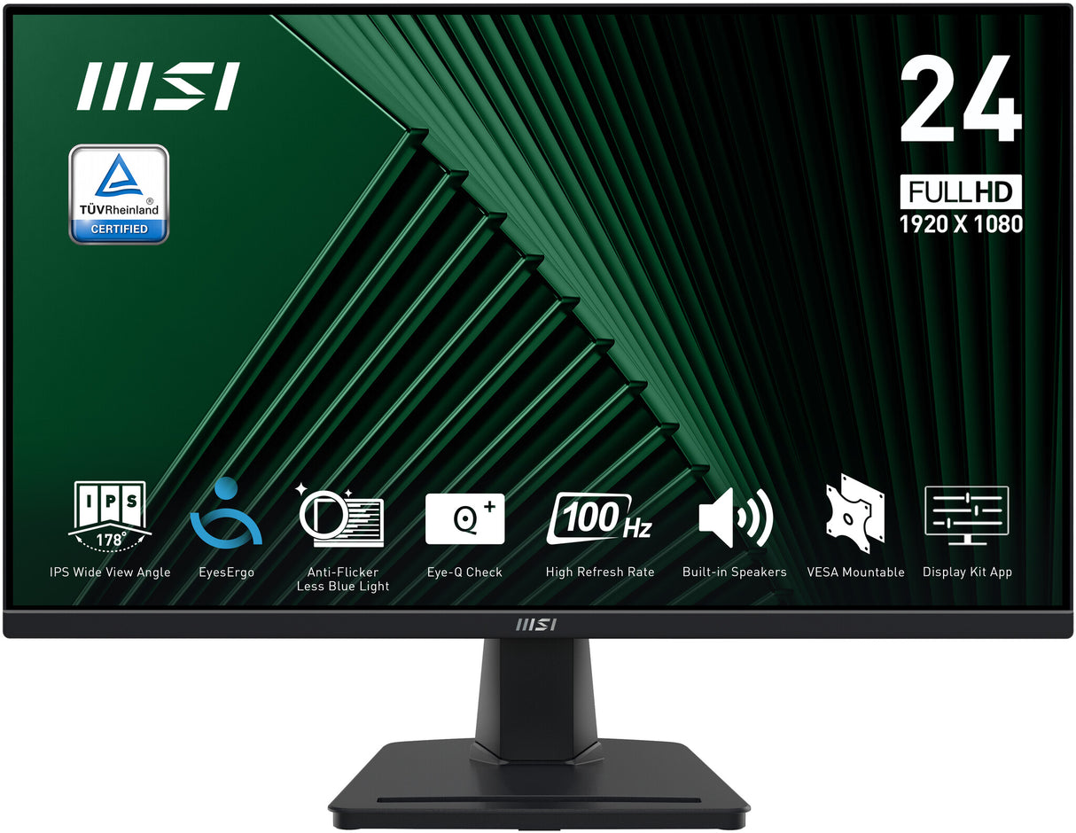MSI Pro MP245G 24 Inch Monitor, FHD (1920 x 1080), 100Hz, IPS, 1ms, 1x HDMI 1.4b, 1x DP 1.2a output, 1x D-Sub(VGA), Built-in Speakers, Anti-Glare, Anti-Flicker, Less Blue light, TÜV Certified, VESA, Kensington, Black