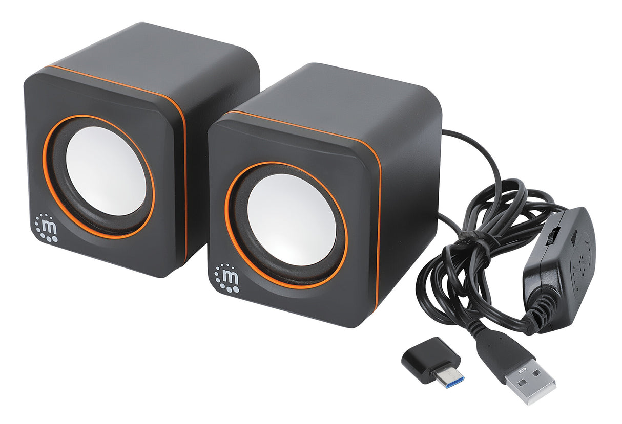 Manhattan 2600 Series Speaker System, Two Speakers, Black/Orange, USB for Stereo Audio and Power, Output: 2x 3W, Decent Sound, Integrated rotary volume control, USB-C/USB-A Adapter, Cable 1.4m, Three Year Warranty