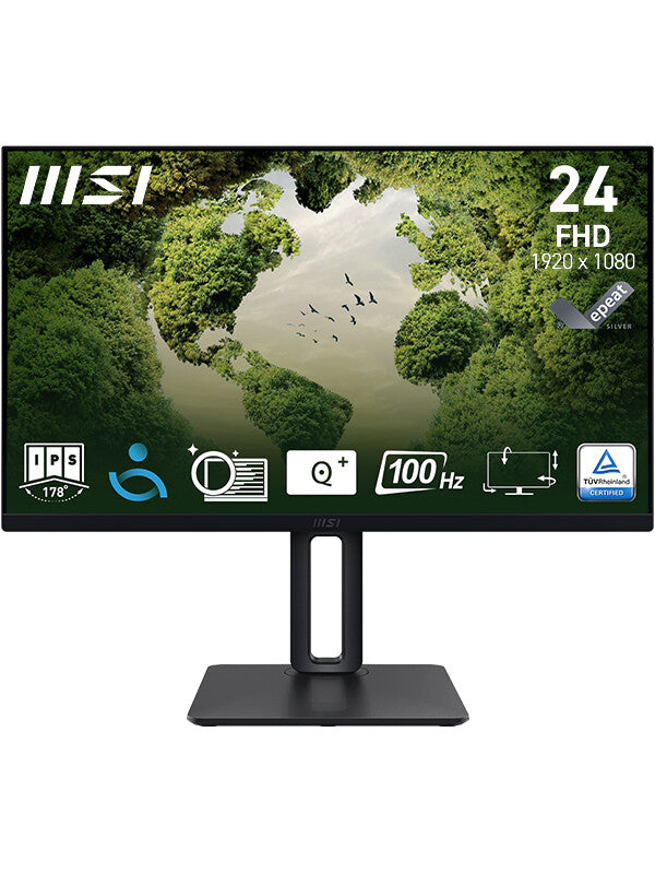 MSI Pro MP245PG 24 Inch Monitor, FHD (1920 x 1080), 100Hz, IPS, 1ms, 1x HDMI 1.4b, 1x DP 1.2a output, 1x D-Sub(VGA), Built-in Speakers, Anti-Glare, Anti-Flicker, Less Blue light, TÜV Certified, VESA, Kensington, 4-way adjustable stand, Black