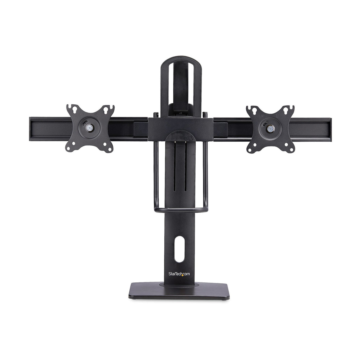 StarTech.com Crossbar Dual Monitor Desk Stand For Double 27-inch Screens, VESA Mount 75x75/100x100, Toolless Height Adjustment, Up To 13.2lb (6kg) Per Display
